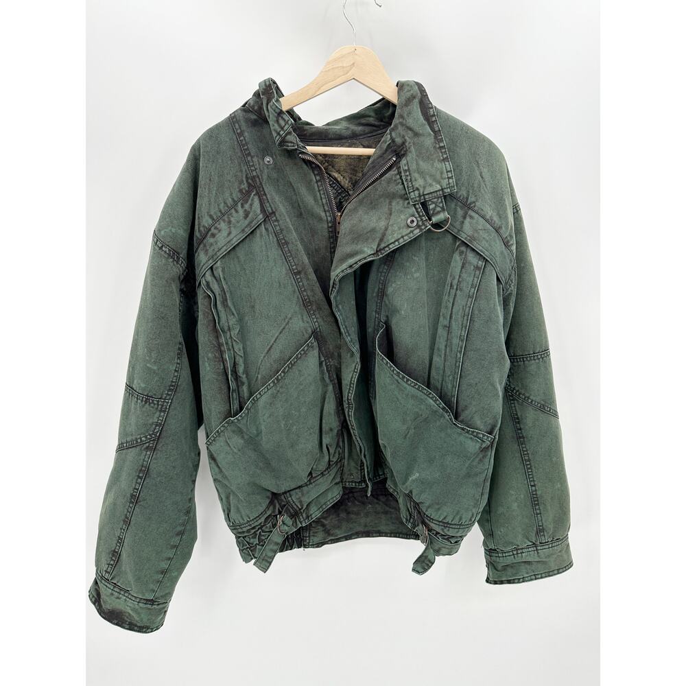 Expressions‎ Jacket Womens Large Green Acid Washed Full Zip Cotton Bomber Jacket